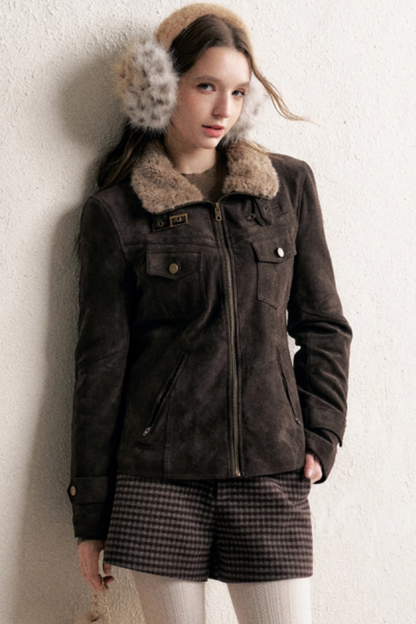 Coffee-Colored Fur Collar Coat