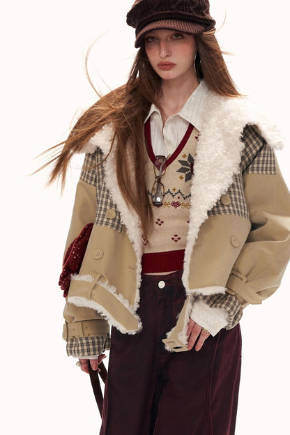 Plaid Fur Collar Large Lapel Jacket