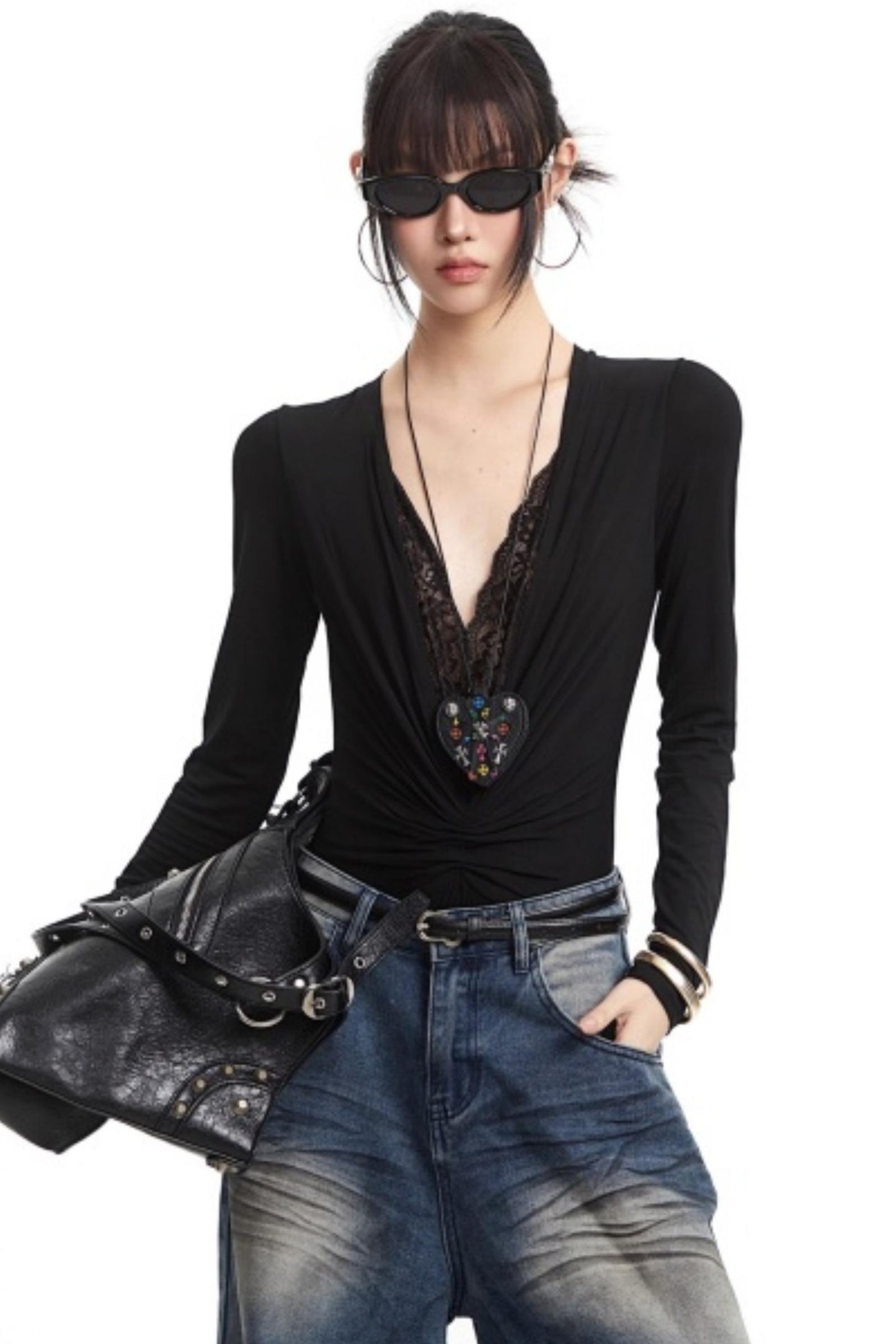 Lace Splicing V-Neck Top