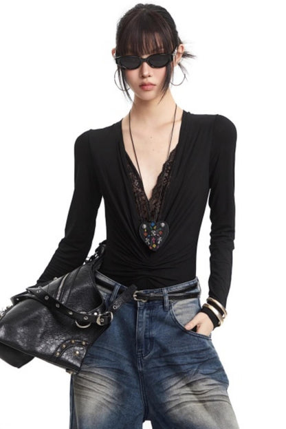 Lace Splicing V-Neck Top