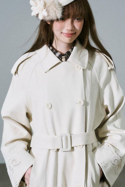 Creamy Hollow Flower Trench Coat