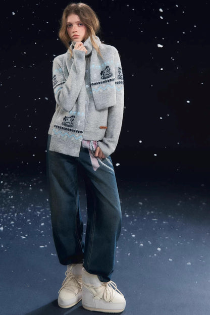 Fair Isle Scarf Cardigan Two-Piece Set