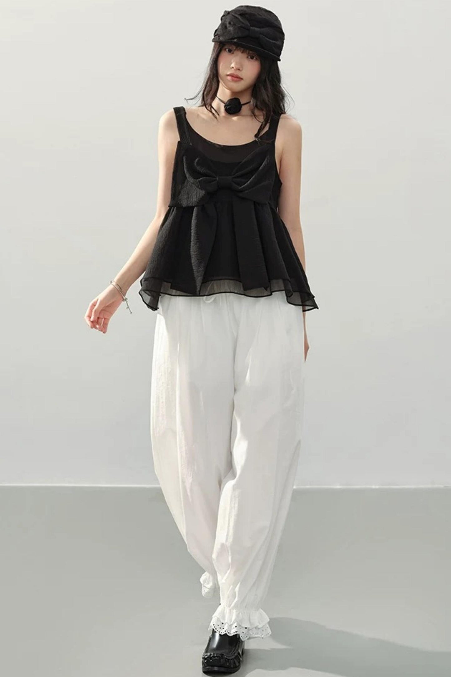 Black Organza Bowknot Blouse Set