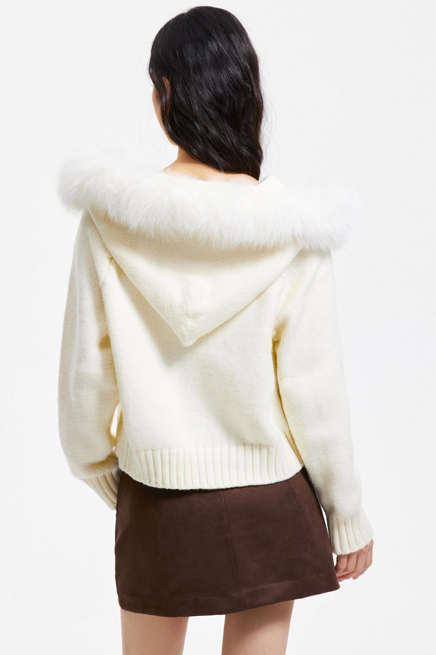 Knitted Sweater Jacket with Fur Collar