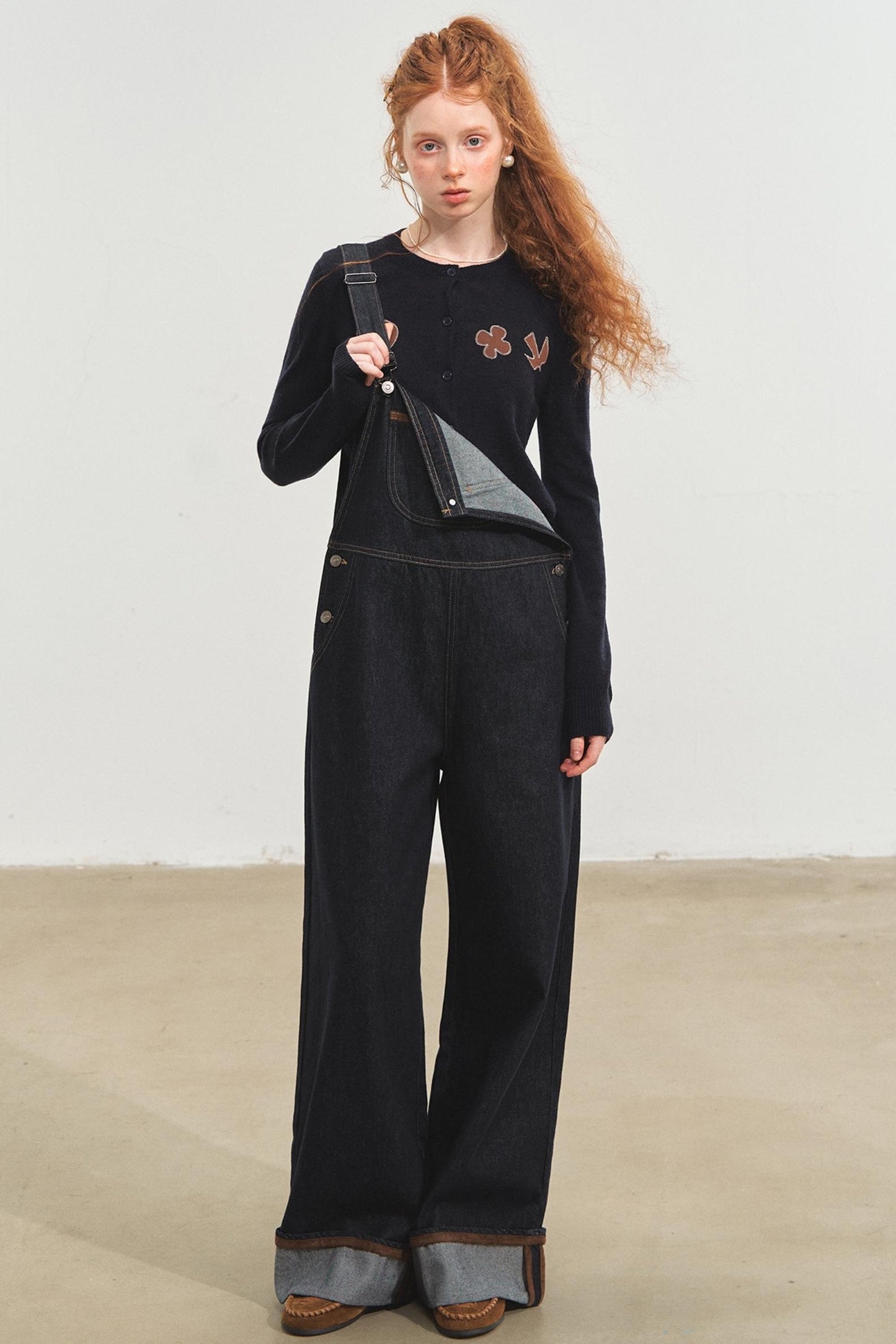 Dark Blue Denim Cuffed Overalls Pants