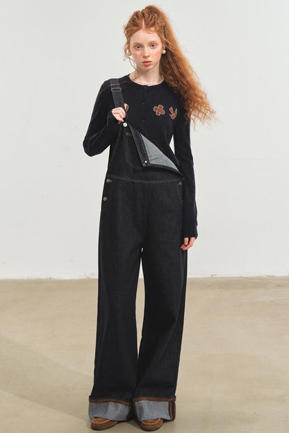 Dark Blue Denim Cuffed Overalls Pants