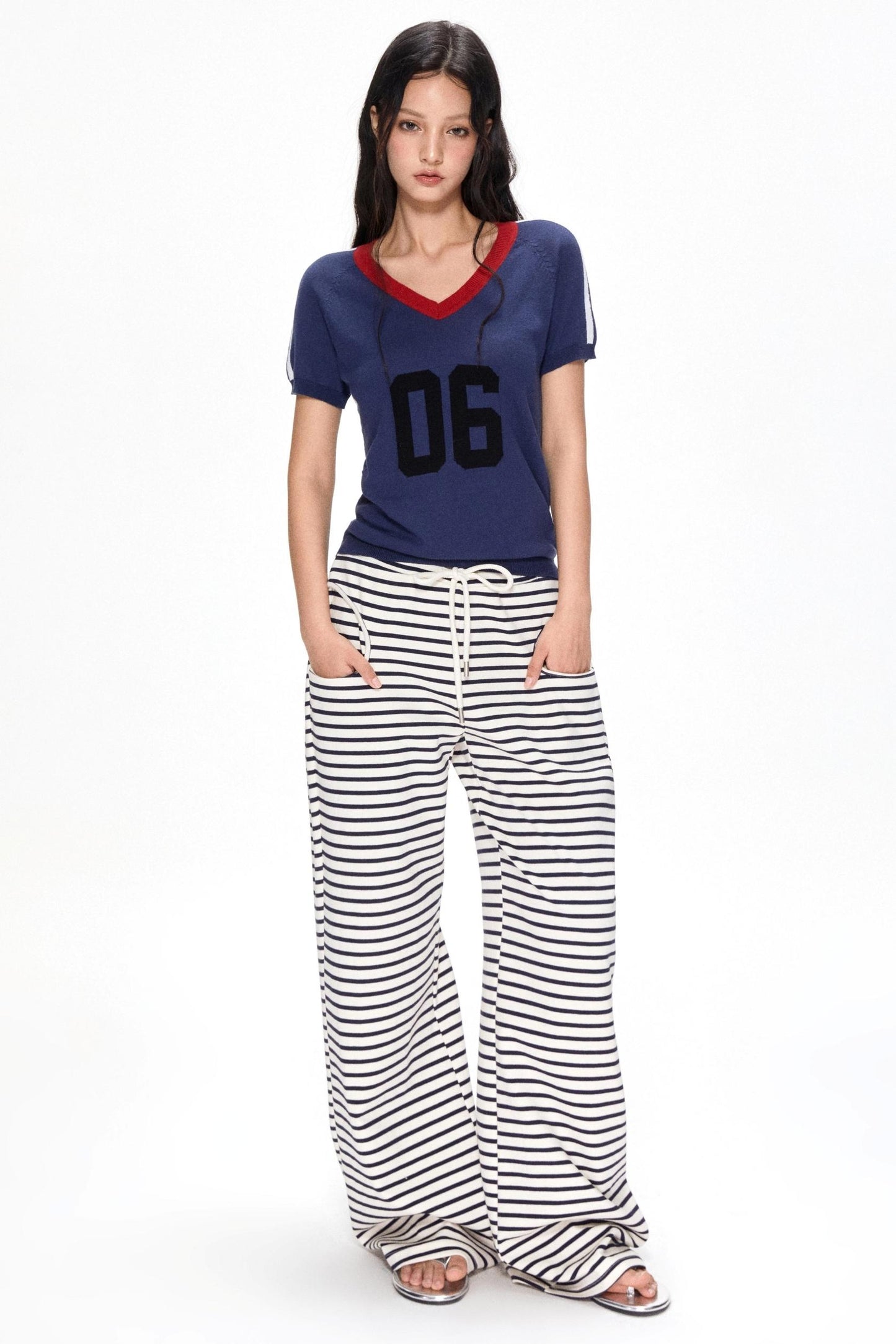 Color Block V-Neck Knit Tee