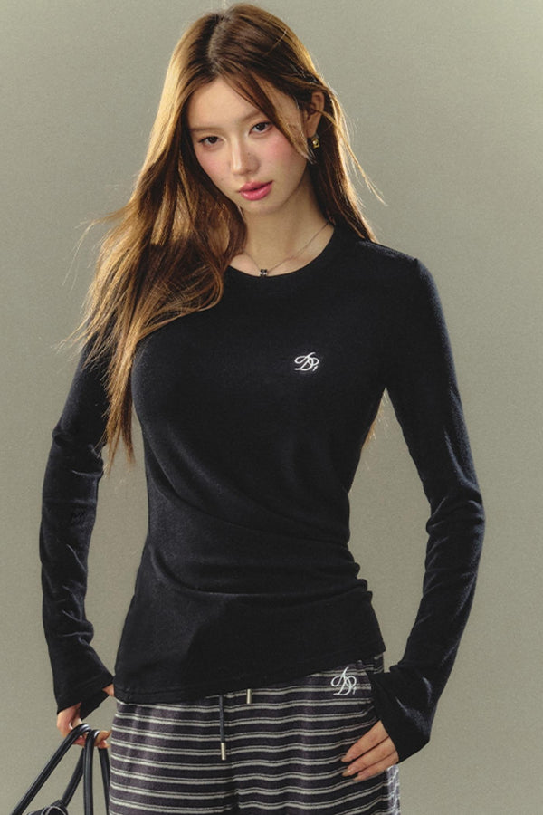 라운드 넥 플리츠 긴팔 탑 