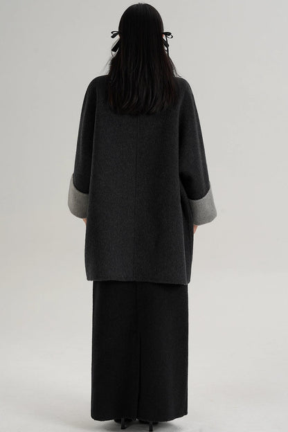 Elegant Fox Fur Collar Wool Cape Coat