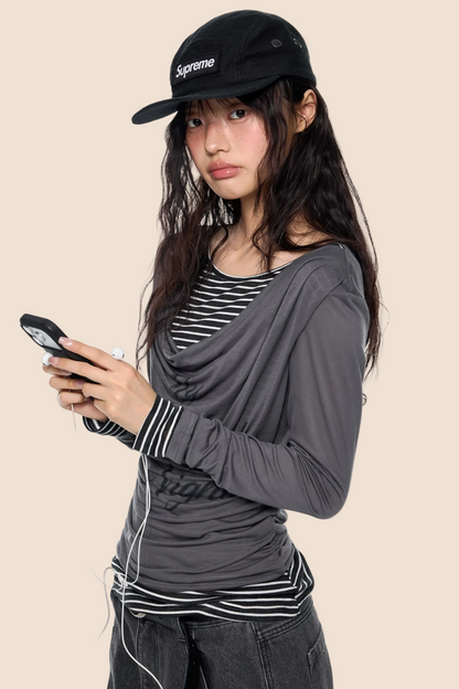 플레어 칼라 프린트 블라우스