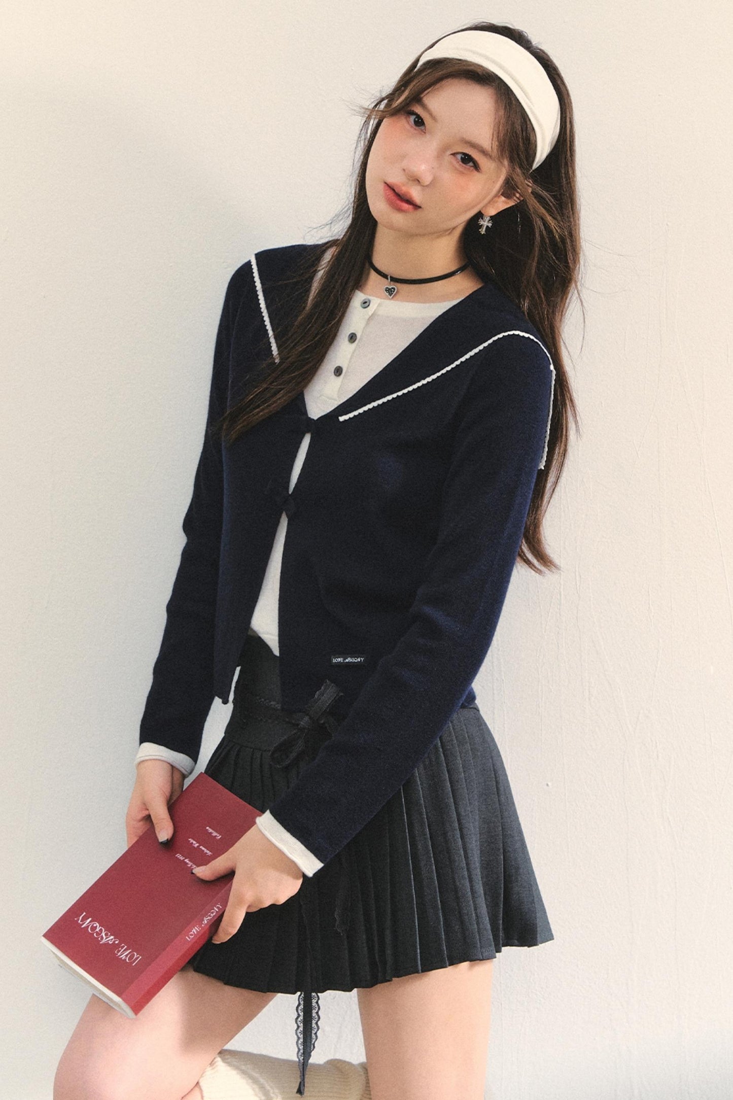 Sweet Navy Neck Knit Cardigan