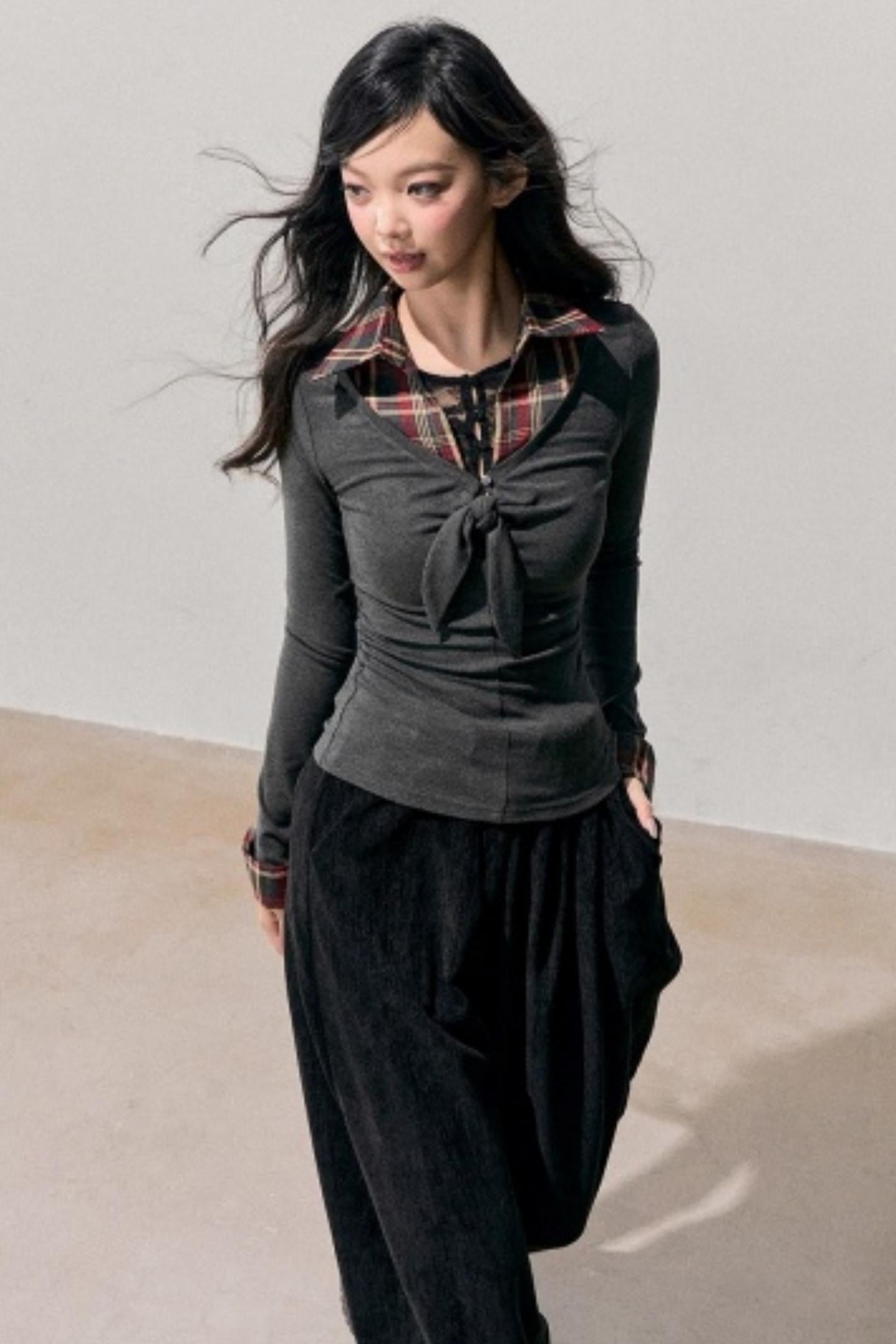 Knitted Plaid Slimming Top