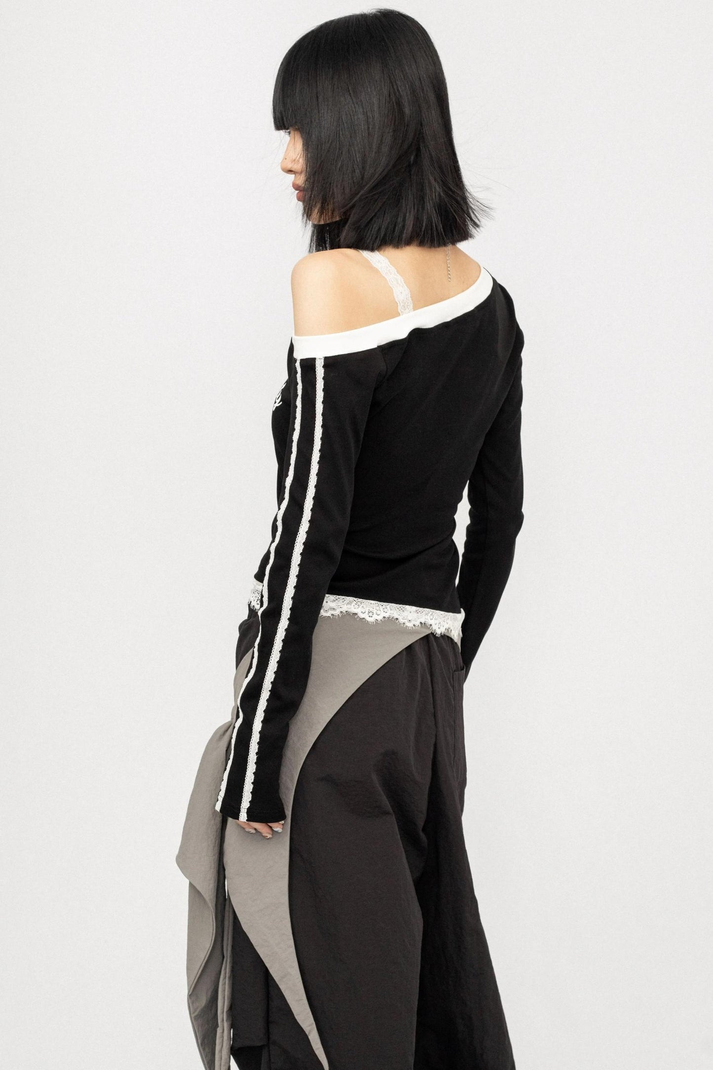 Lace Stitching Off-the-Shoulder Long Sleeve Top