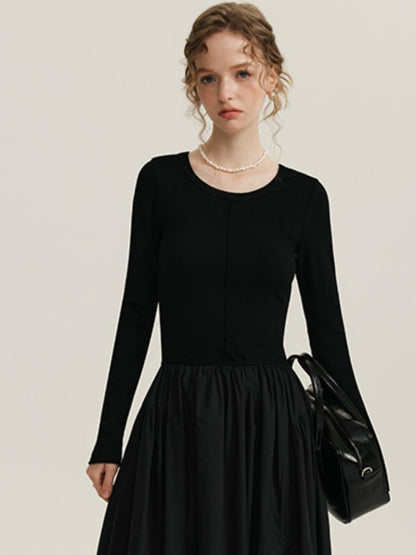 Black Patchwork Long-Sleeved Dress