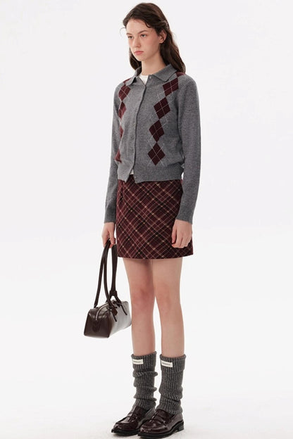 Vintage Red Plaid Woolen A-Line Skirt