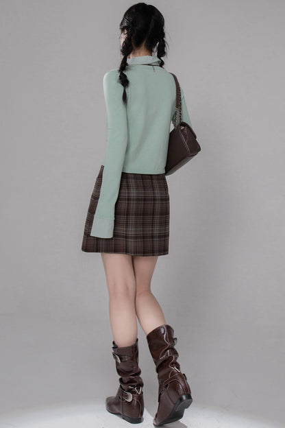 Brushed Plaid Brown Skirt