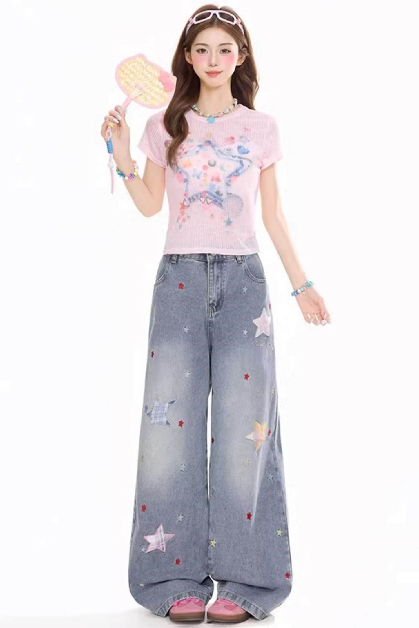 Star-Patterned Vintage Denim Pants