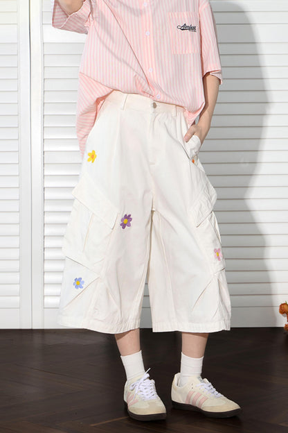 Floral Embroidered Wide-Leg Shorts