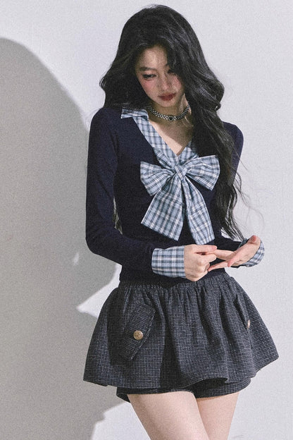 American Long-Sleeved Bow Plaid T-Shirt