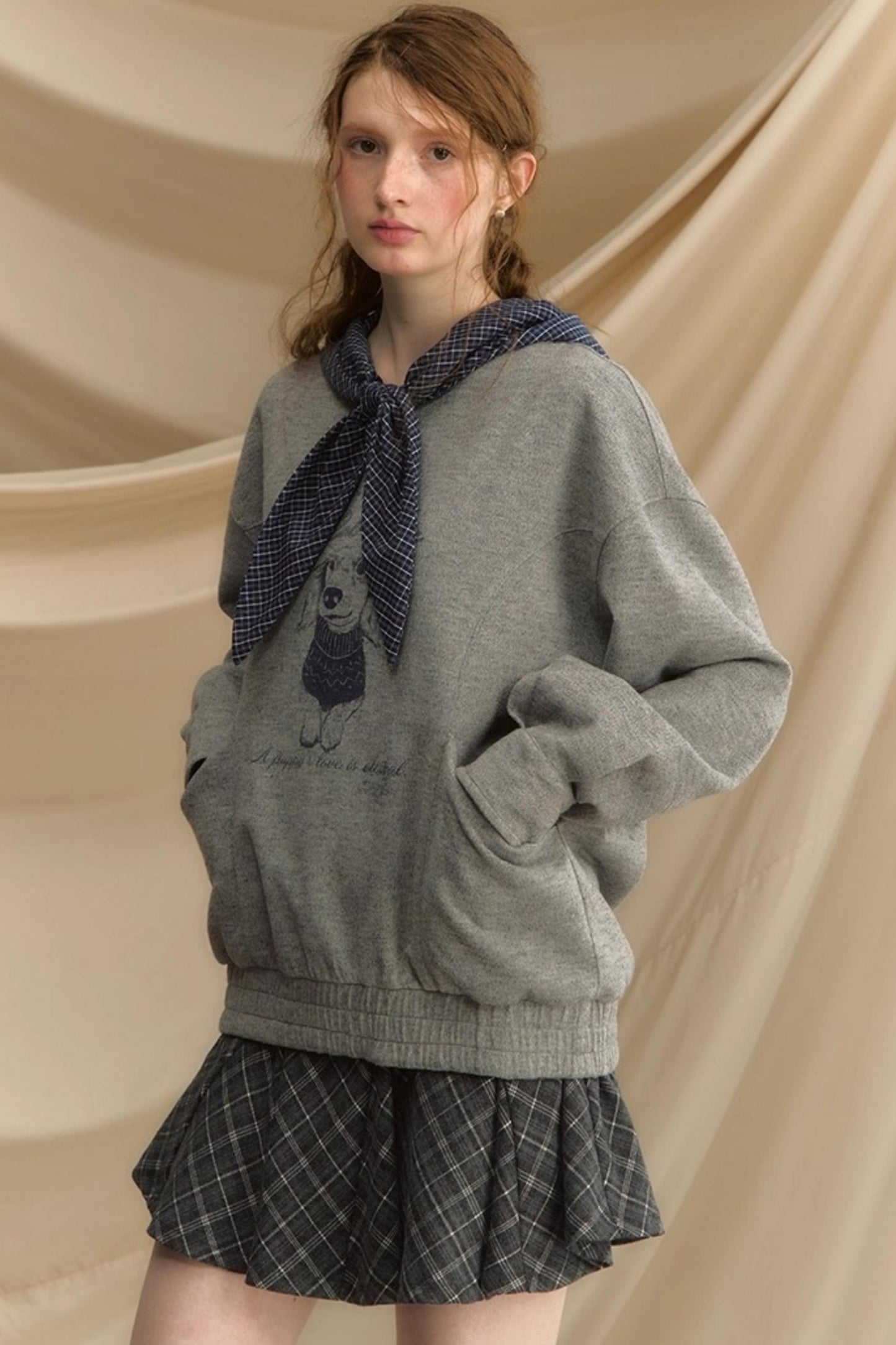 Vintage Dog Print Hooded Pullover Top