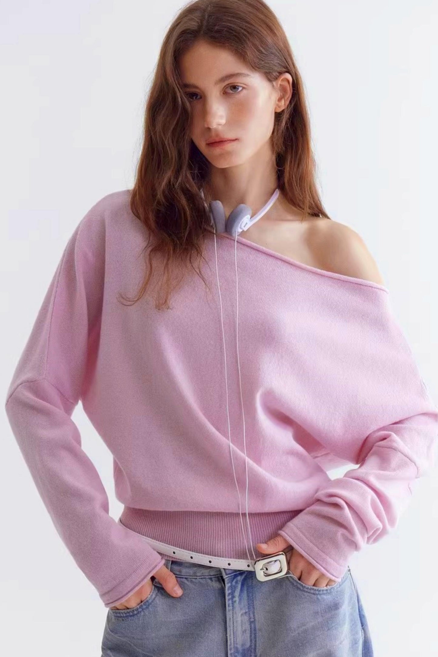 Rolled Edge Off-Shoulder Wool Sweater