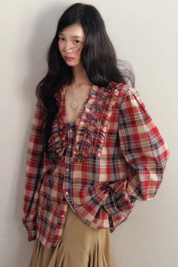 Red Plaid V-Neck Cotton Shirt