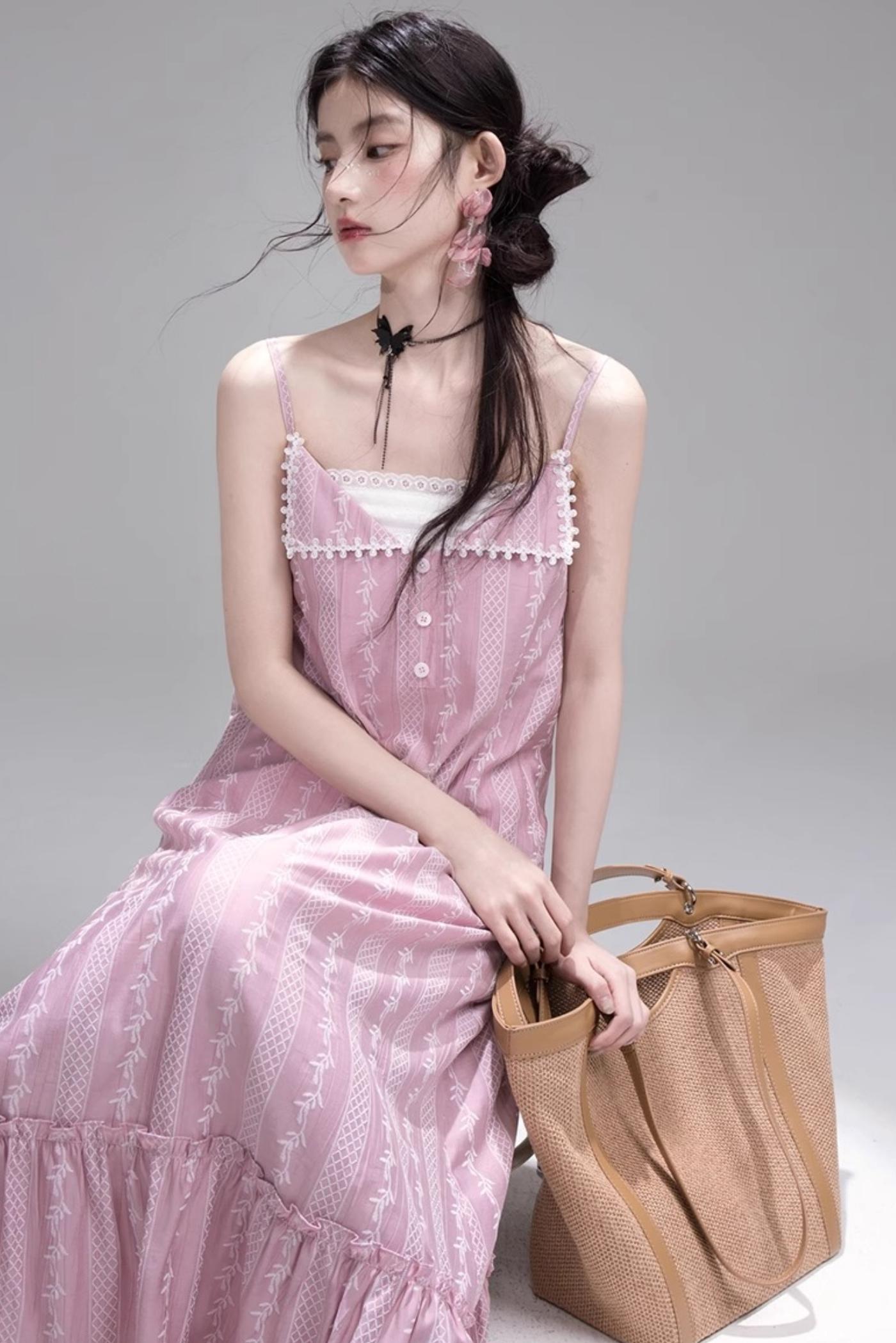 Peach Blossom Lace Suspenders Dress