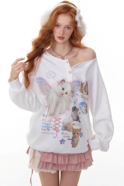 Cat Print Round Neck Sweatshirt