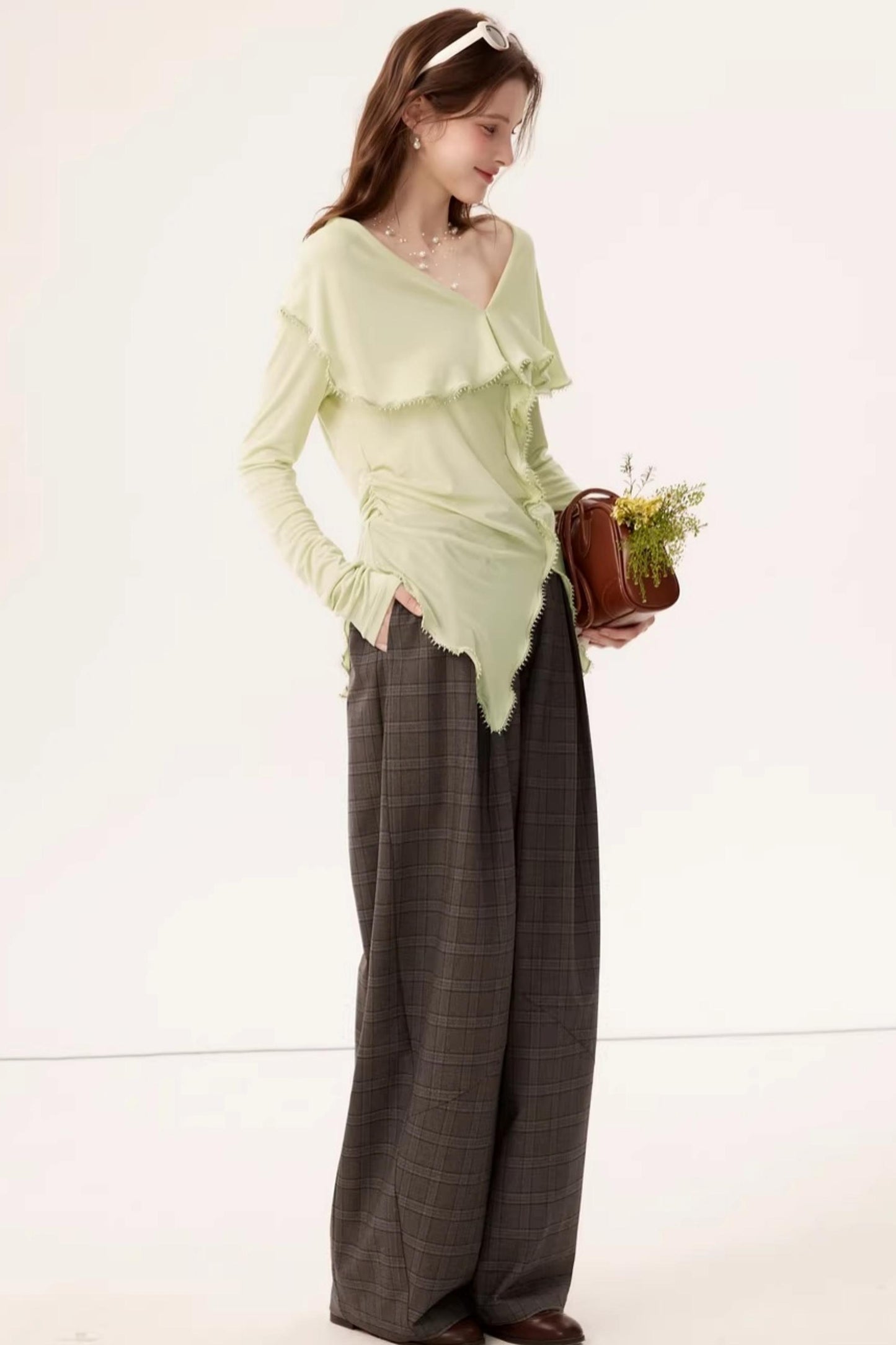 Retro Plaid Curved Pants