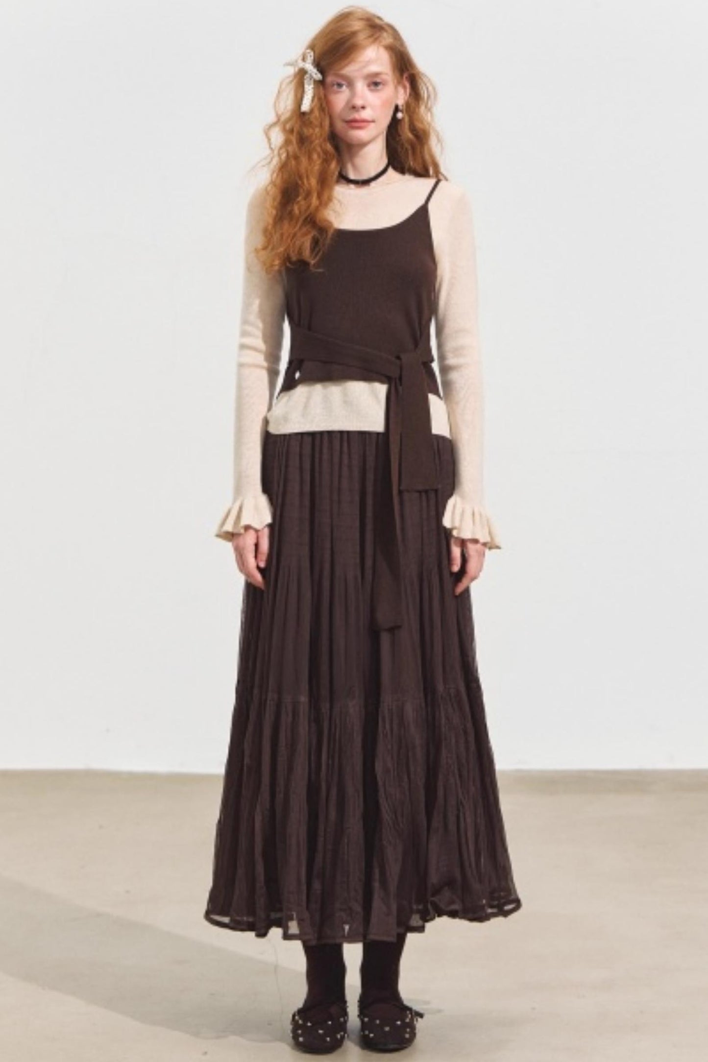 Fake Two Contrasting Tie-Up Sweater