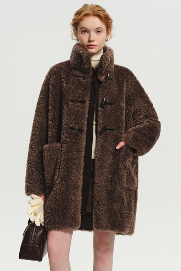 디자이너 플러스 혼 버튼 양모 코트 