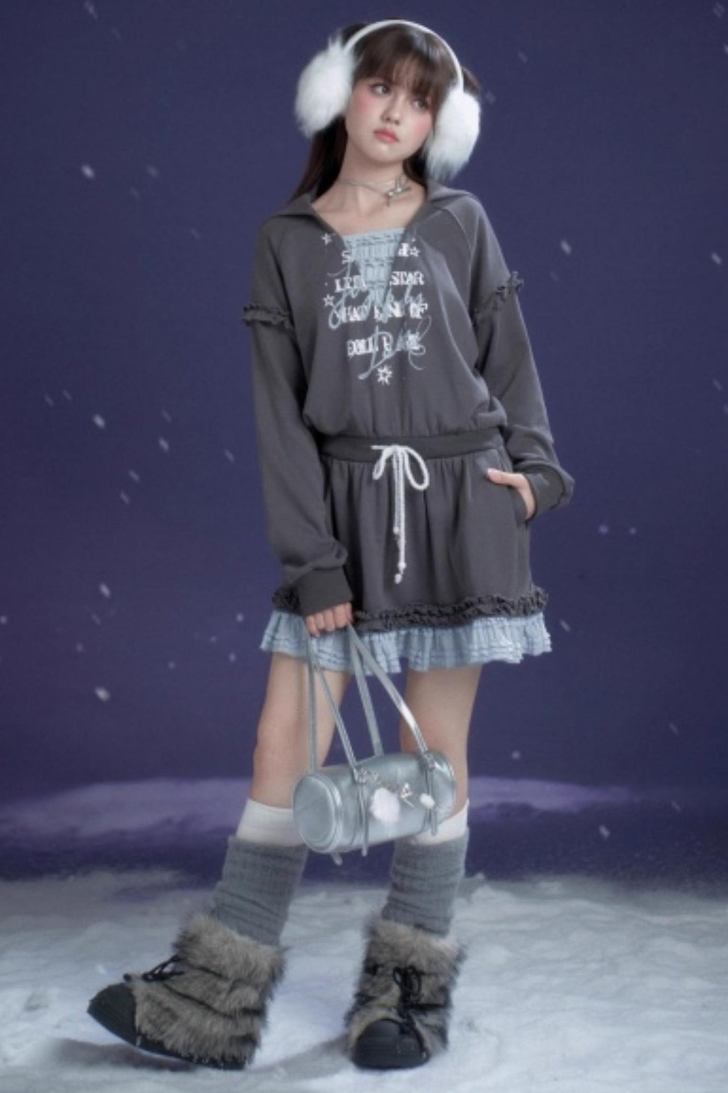 Gray-Blue Hooded Dress