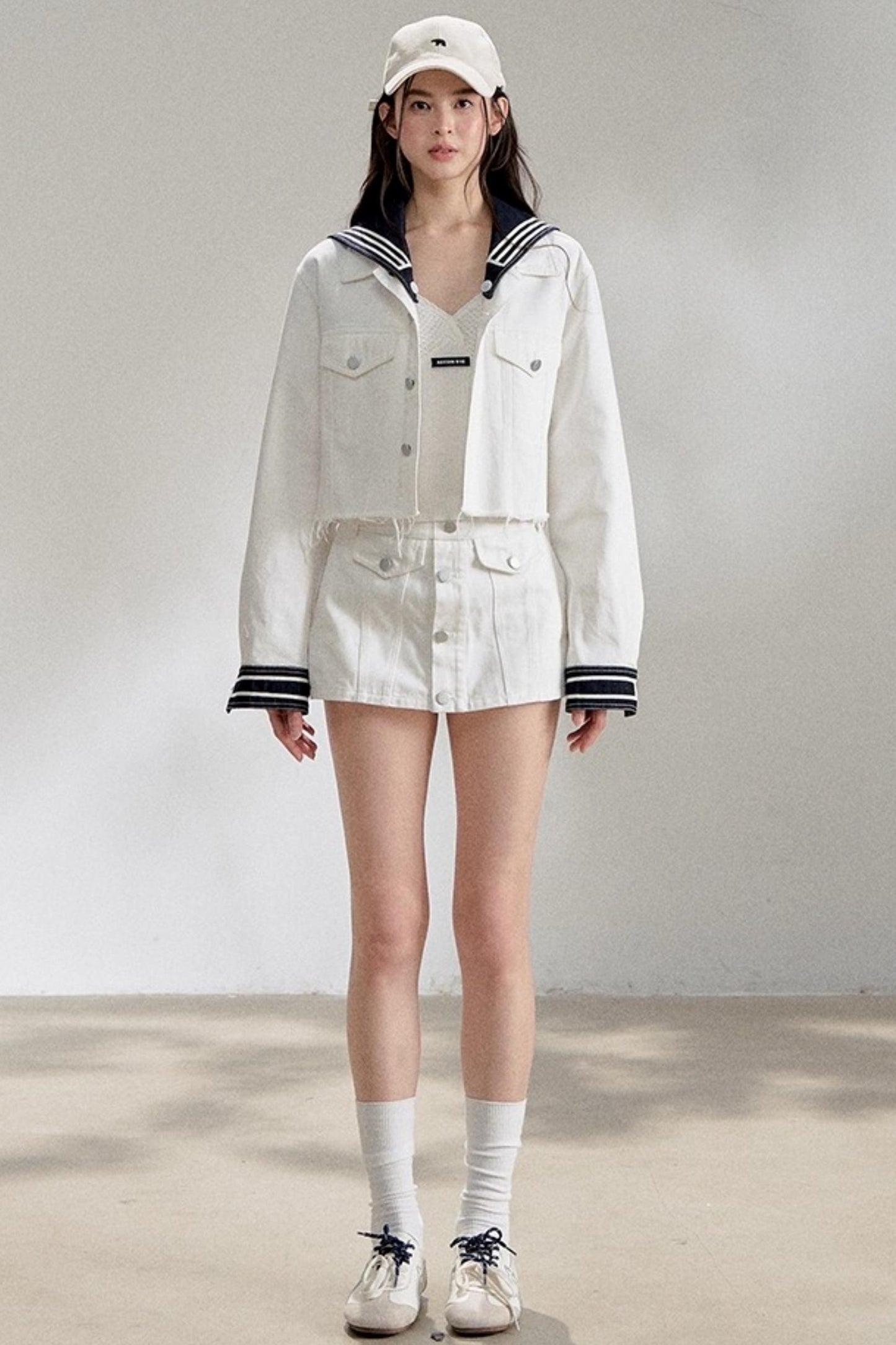 White Navy Short Denim Jacket Set-Up