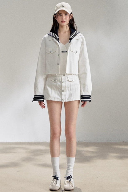 White Navy Short Denim Jacket Set-Up