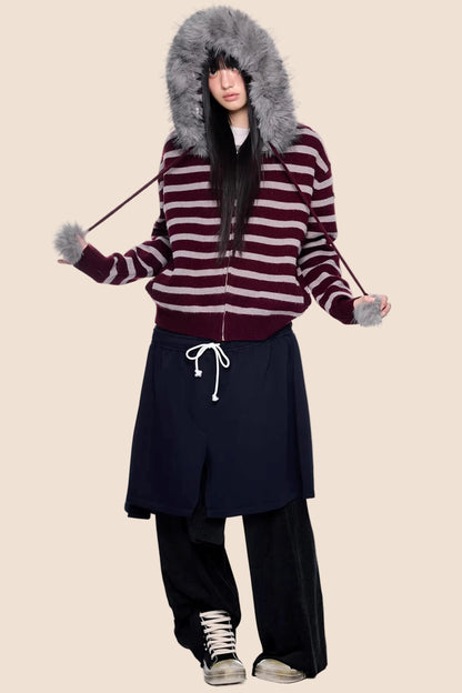 Fur Collar Striped Knit Cardigan