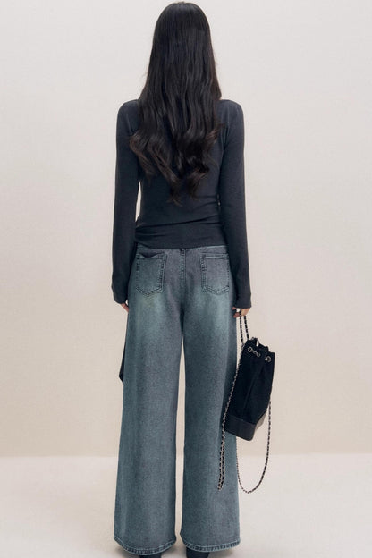 Lazy Contrast Drawstring Wide Leg Jeans