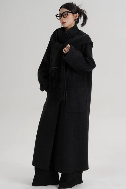 Temperament Hooded Scarf Wool Coat