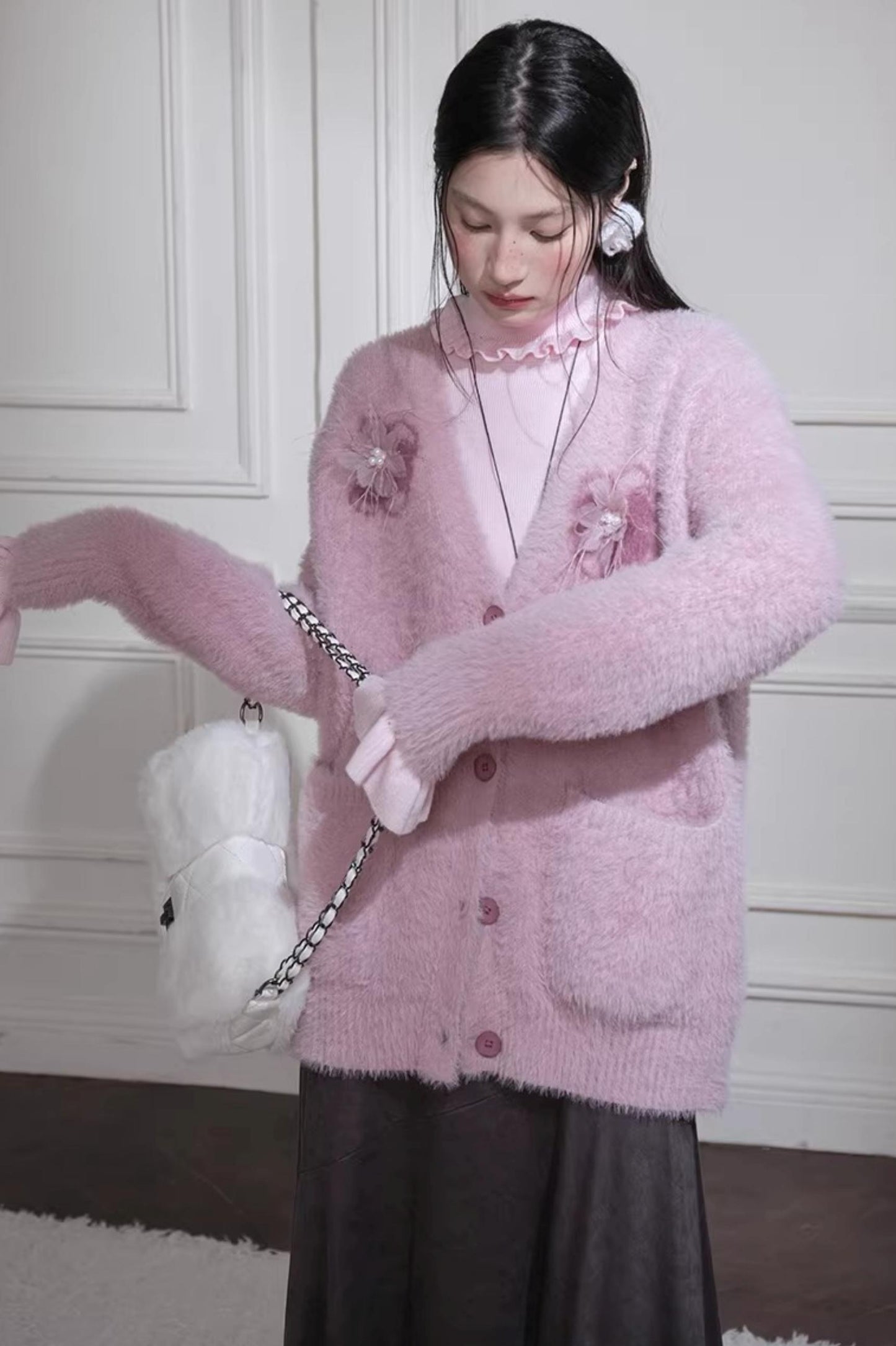 Pink Feather Flower Cardigan