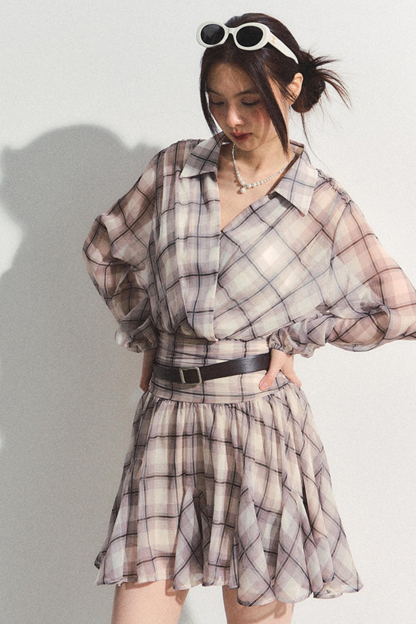 Recoin Sheer Plaid Ruffle A-Line Dress