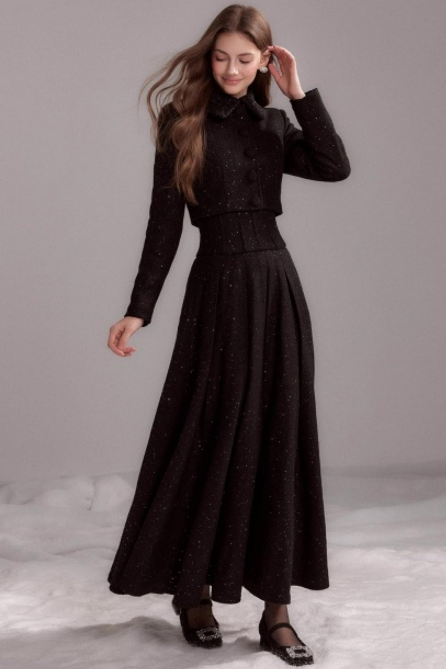 Thin Glitter Lapel Top & Pleated Skirt Set-Up