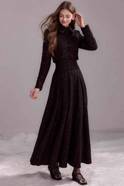 Thin Glitter Lapel Top & Pleated Skirt Set-Up
