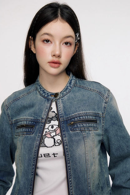 Vintage Distressed Cropped Denim Jacket