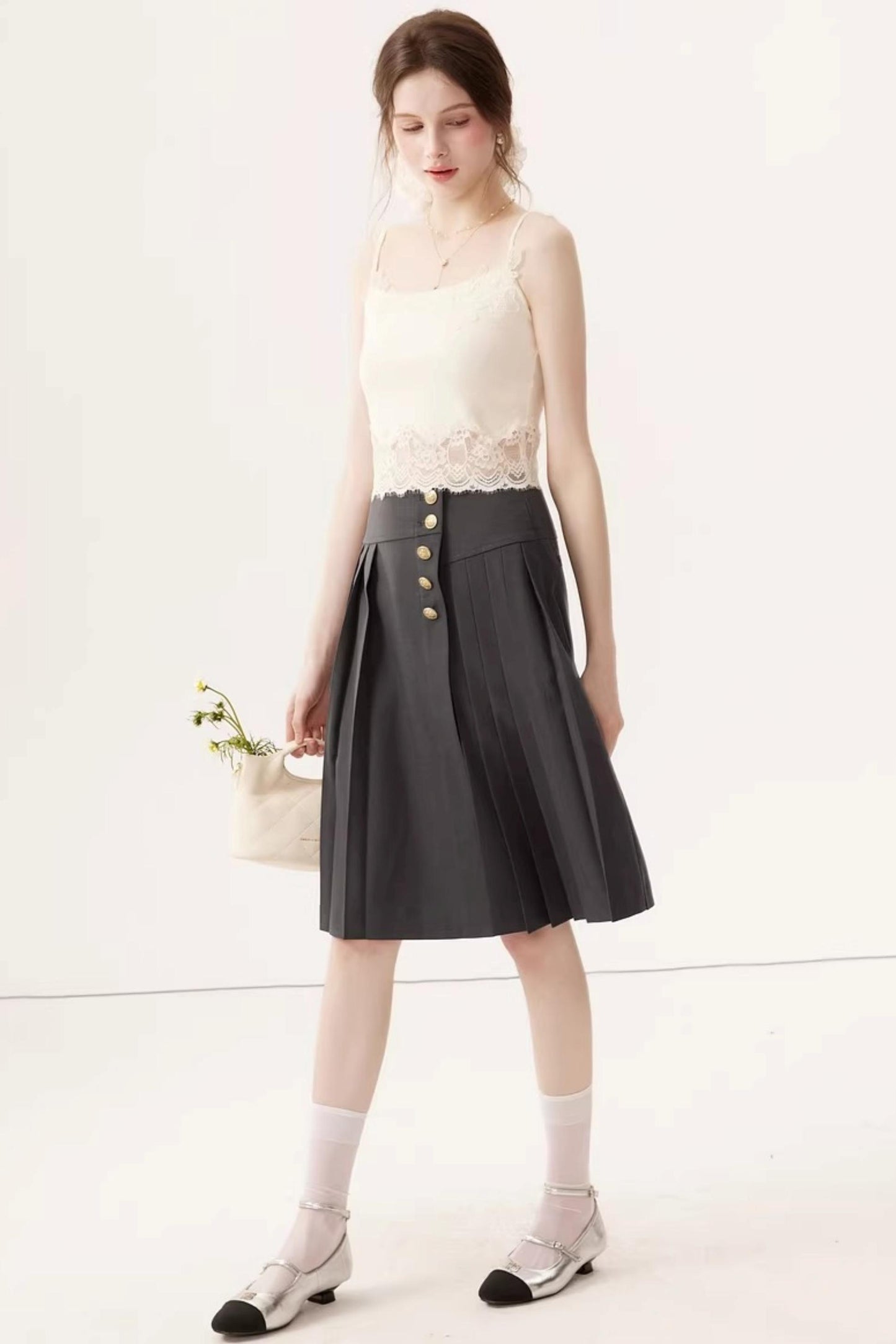 High-Waisted Pleated Midi Skirt