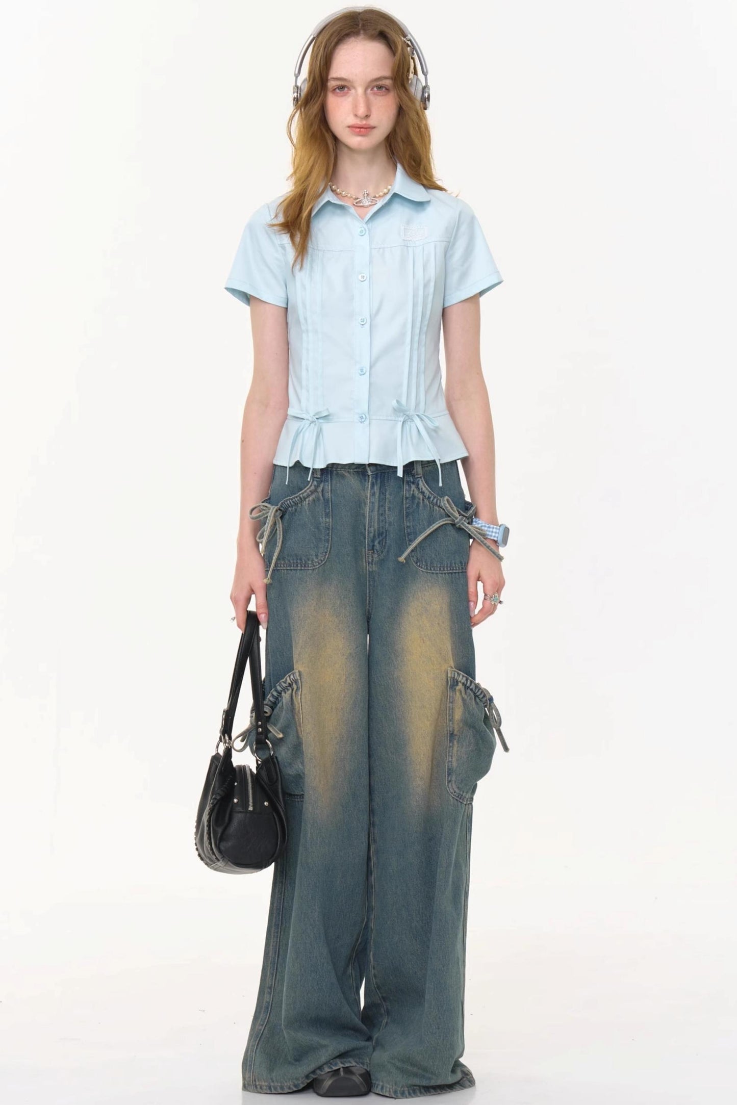 Retro Blue Bow Blouse