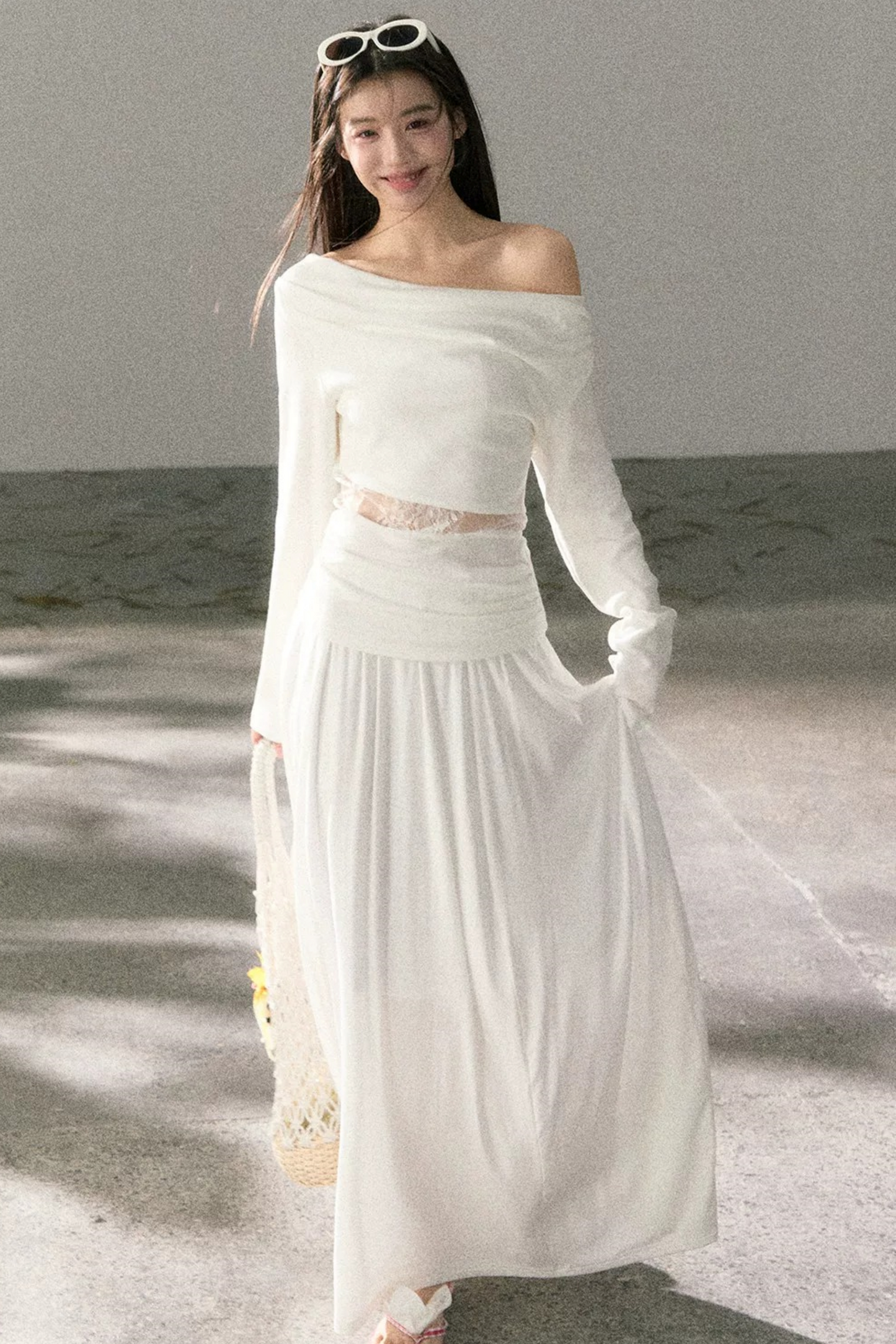White Lace Cutout Draped Top Set-Up