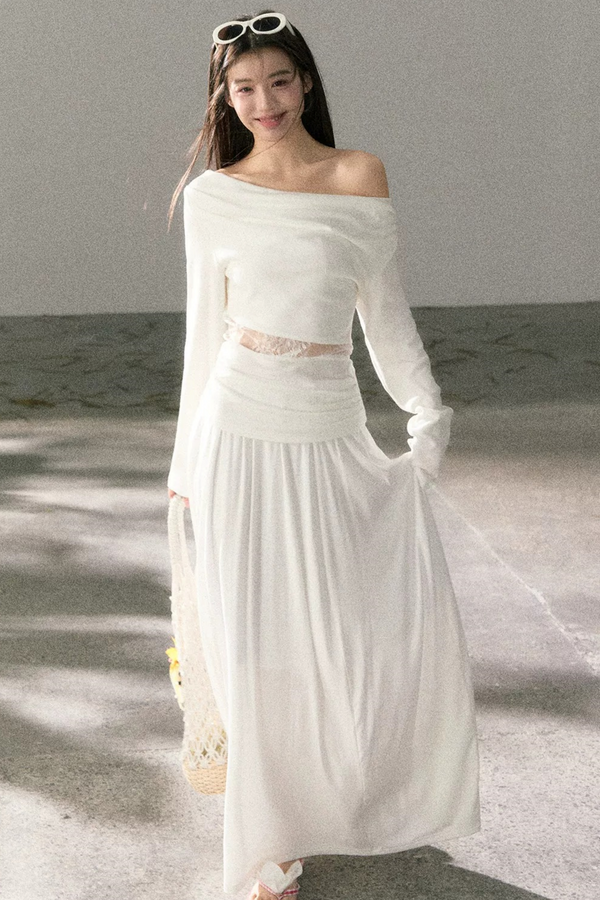 White Lace Cutout Draped Top Set-Up