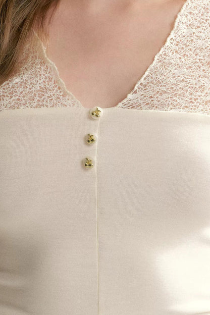 Lace-Panel V-Neck T-Shirt