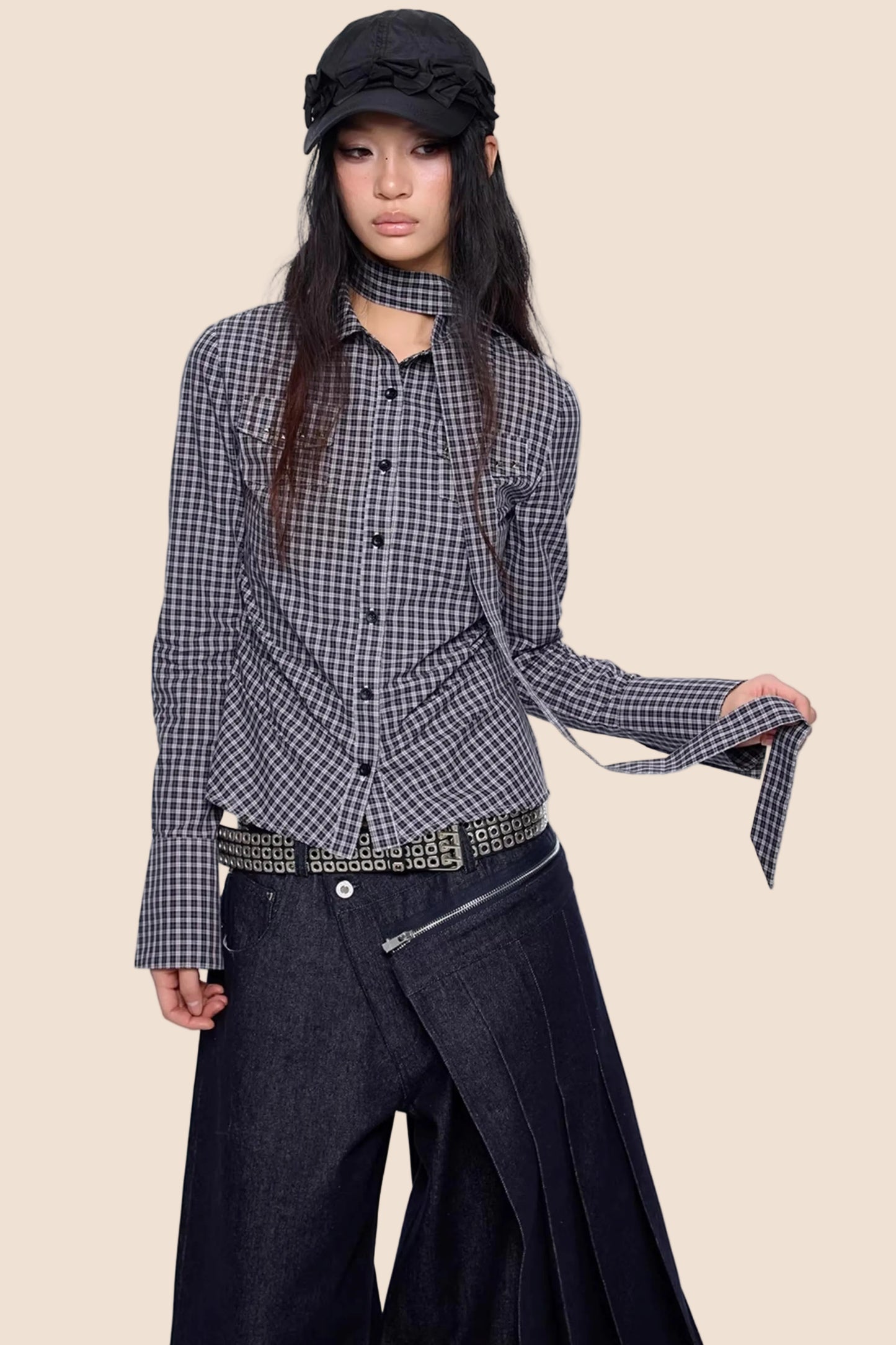 Plaid Retro Lace-Up Shirt