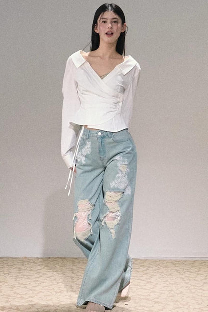 Crumpled Texture Collar Stretch Shirt