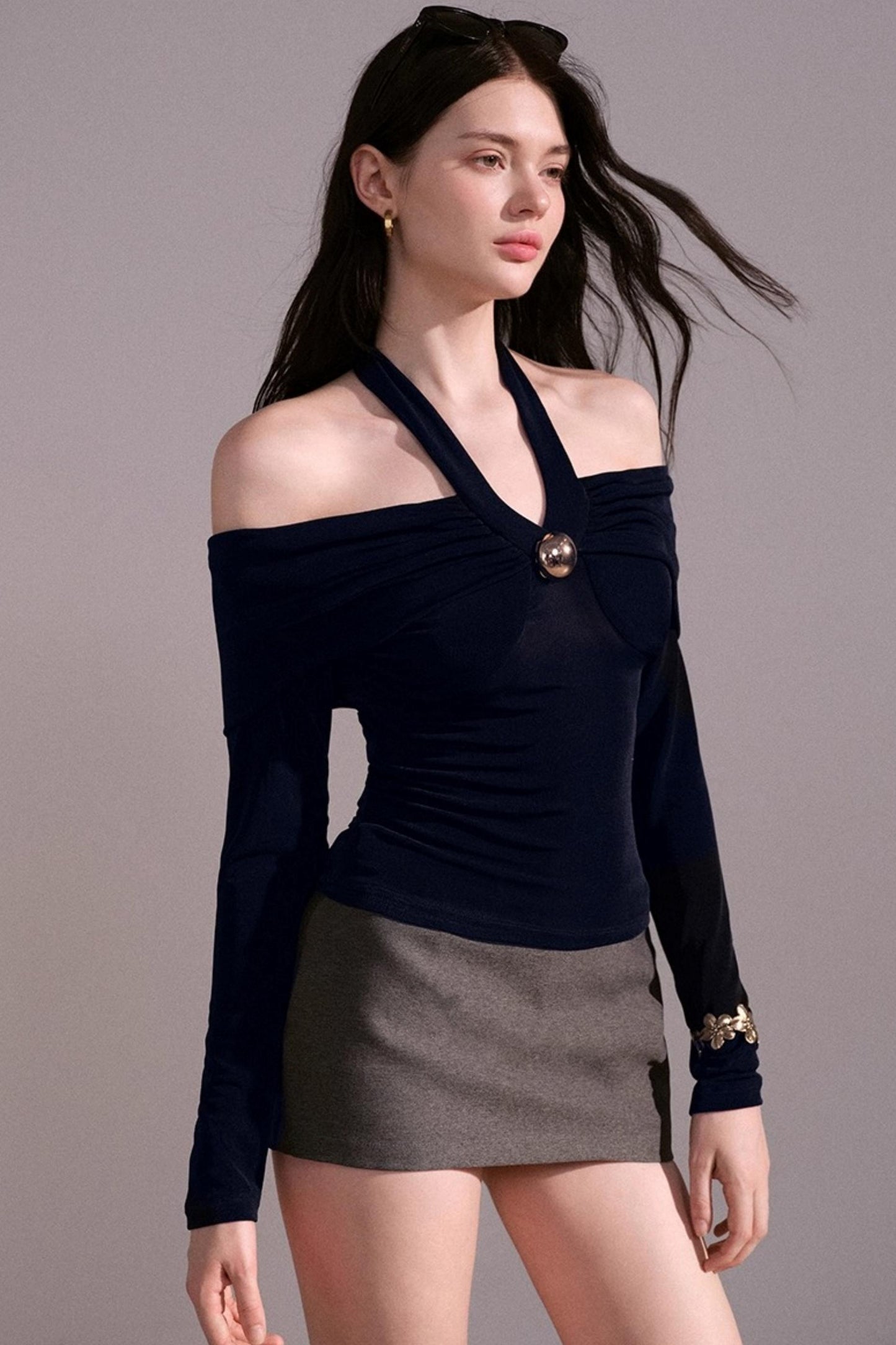 Sense Twisted Navy Halterneck Long Sleeve Top